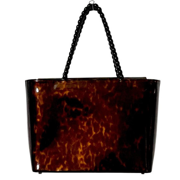 Vintage Stuart Weitzman Tortoise Print Brown Structured Tote Black Beaded Handle - Picture 2 of 16